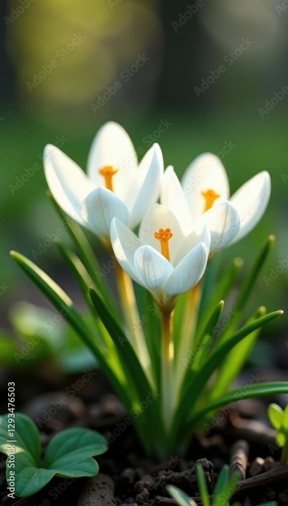 Delicate white crocus flowers blooming in a bush, blossom, foliage Delicate white crocus flowers blooming in a bush, blossom, foliage
