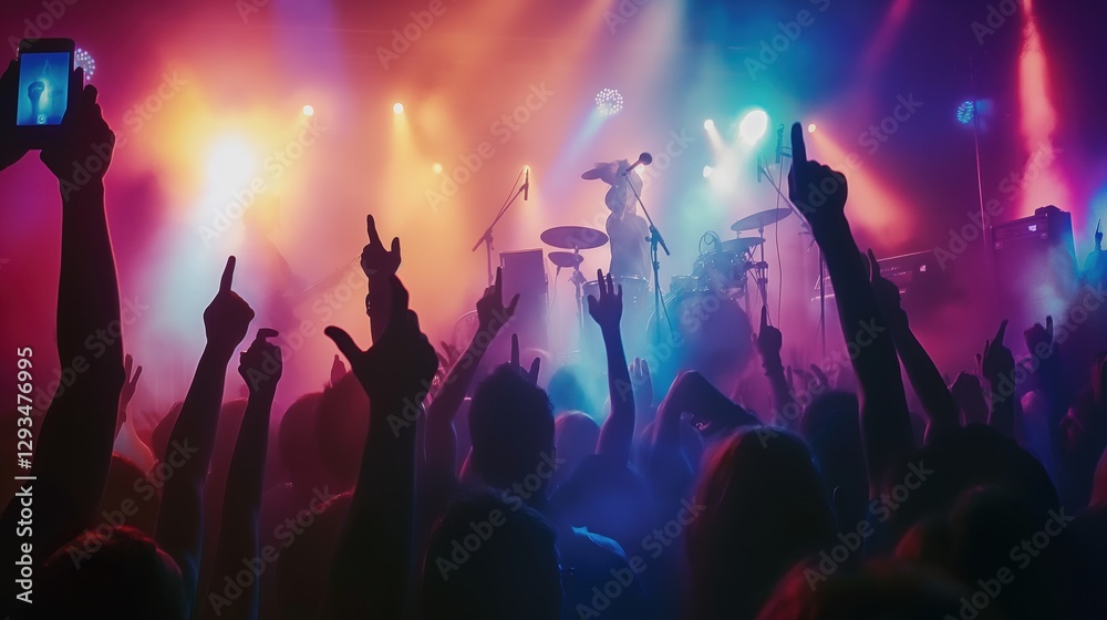 Silhouettes of crowd at concert in front of stage with bright spotlights. People enjoying live music at band performance. Concert hall with musicians on stage and fans during music festival Silhouettes of crowd at concert in front of stage with bright spotlights. People enjoying live music at band performance. Concert hall with musicians on stage and fans during music festival