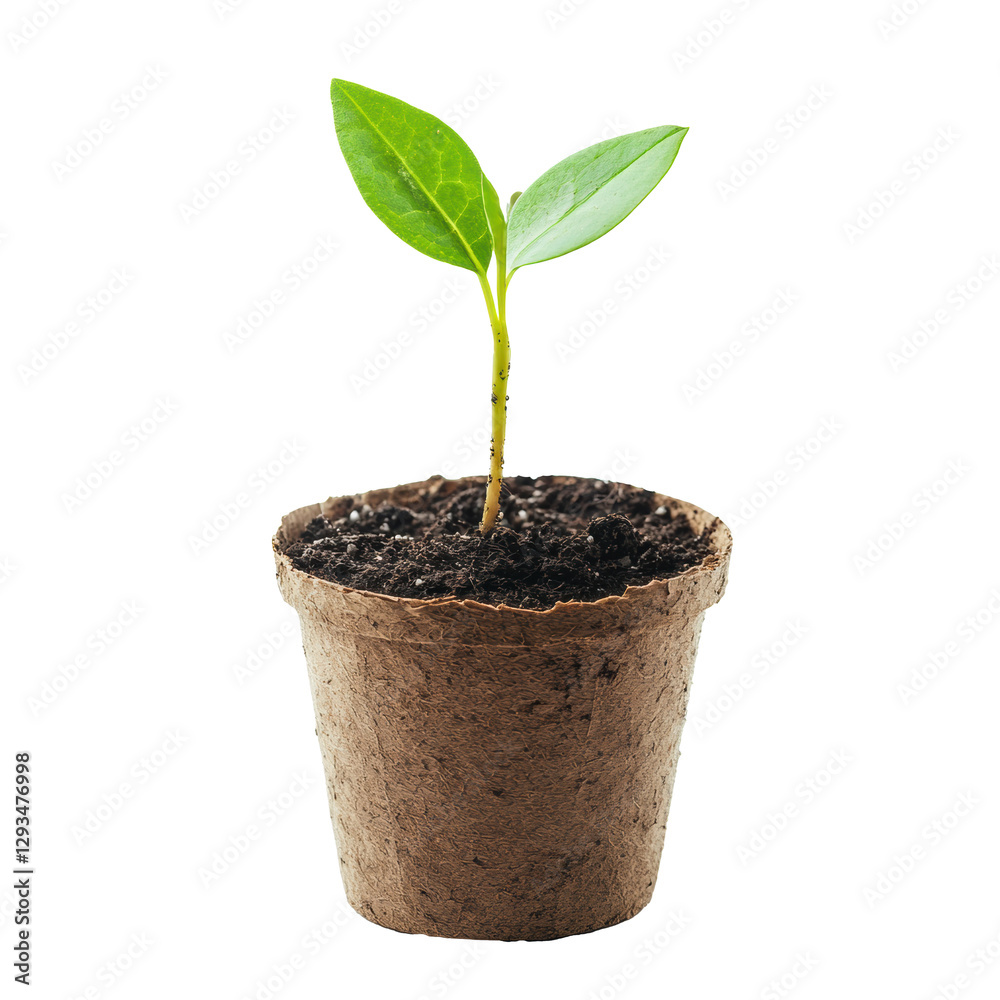 Young plant growing in biodegradable pot with soil cut out Young plant growing in biodegradable pot with soil cut out