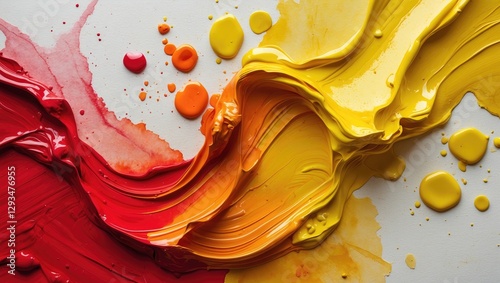 Vibrant red and yellow watercolor paint texture with smooth swirls and drops creating an artistic background for creative projects.