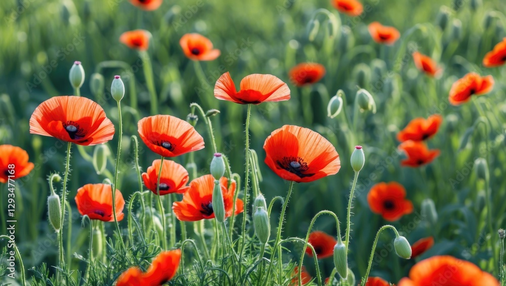 Fototapeta premium Vibrant Corn Poppies Blooming In A Summer Meadow Creating A Stunning Contrast Against Greenery With Space For Text Or Branding