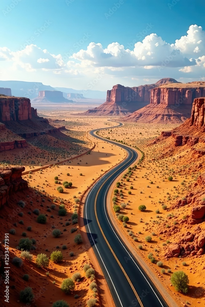 Fototapeta premium Desert landscape highway twists through golden hills, vast landscape, desert highway