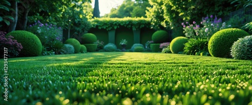 Lush green lawn texture with vibrant garden elements creating a serene outdoor landscape atmosphere for relaxation and enjoyment.
