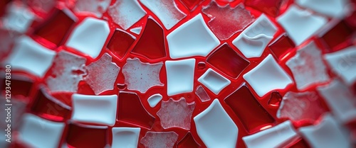 Red and white abstract glass mosaic texture creating a vibrant and artistic background for creative projects and design inspiration.
