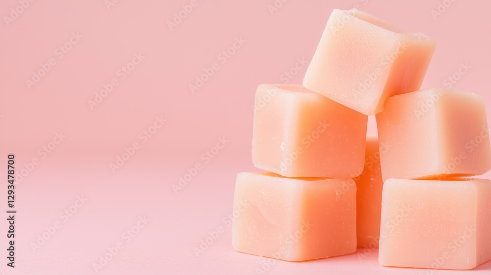 Pink sugar cubes stacked on pink background, food photography for website