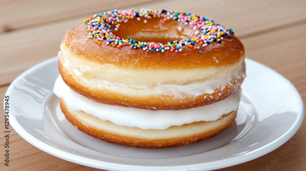A delicious double stack donut with colorful sprinkles, glazed and frosted, sits on a white plate. A delicious double stack donut with colorful sprinkles, glazed and frosted, sits on a white plate.