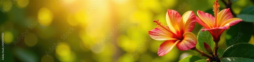 Naklejka premium Frangipani tree foliage in warm sunlight filtering through leaves, hibiscus, leaves