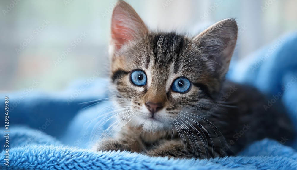 Relaxing Tabby Kitten on a Blue Blanket Adorable Cute Cat Captivated by the Camera with Vibrant Curiosity and Playful Serenity. Relaxing Tabby Kitten on a Blue Blanket Adorable Cute Cat Captivated by the Camera with Vibrant Curiosity and Playful Serenity.