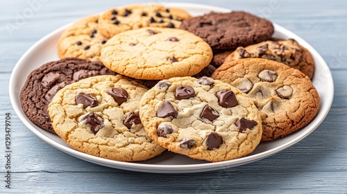 A plate of assorted delicious chocolate chip cookies, perfect for a sweet treat or dessert. enjoy