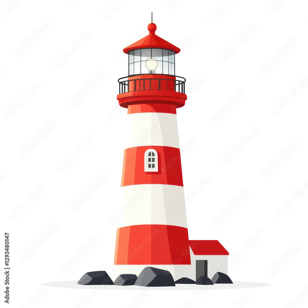 Bright lighthouse standing tall by the rocky shore at sunset cut out Bright lighthouse standing tall by the rocky shore at sunset cut out
