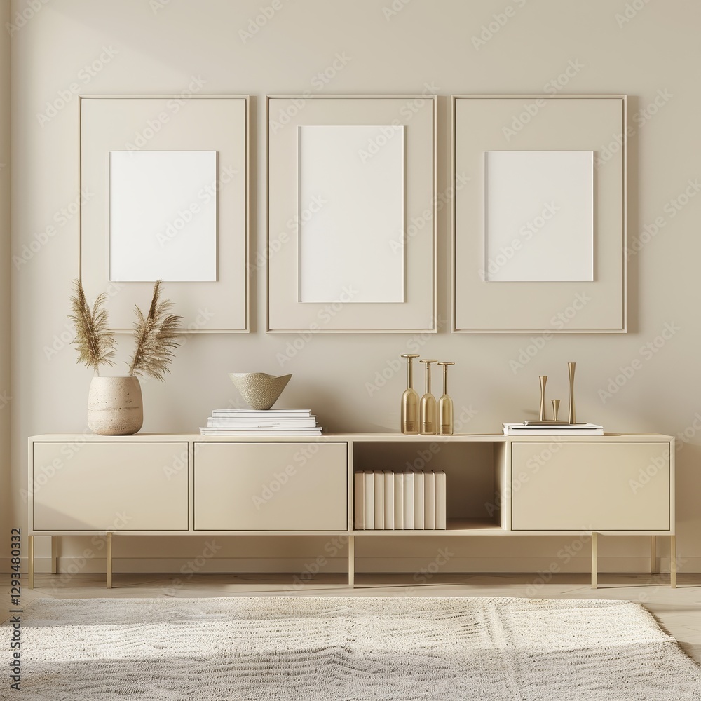 Minimalist living room interior with beige furniture. a rug. and three empty frames Minimalist living room interior with beige furniture. a rug. and three empty frames