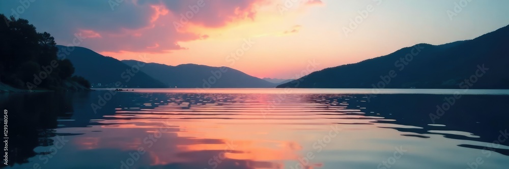 Gentle ripples disturb the lake's calm surface at dusk, peaceful ambiance, evening, water Gentle ripples disturb the lake's calm surface at dusk, peaceful ambiance, evening, water