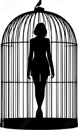 Silhouette of a woman in a cage symbolizing domestic violence and oppression in black color