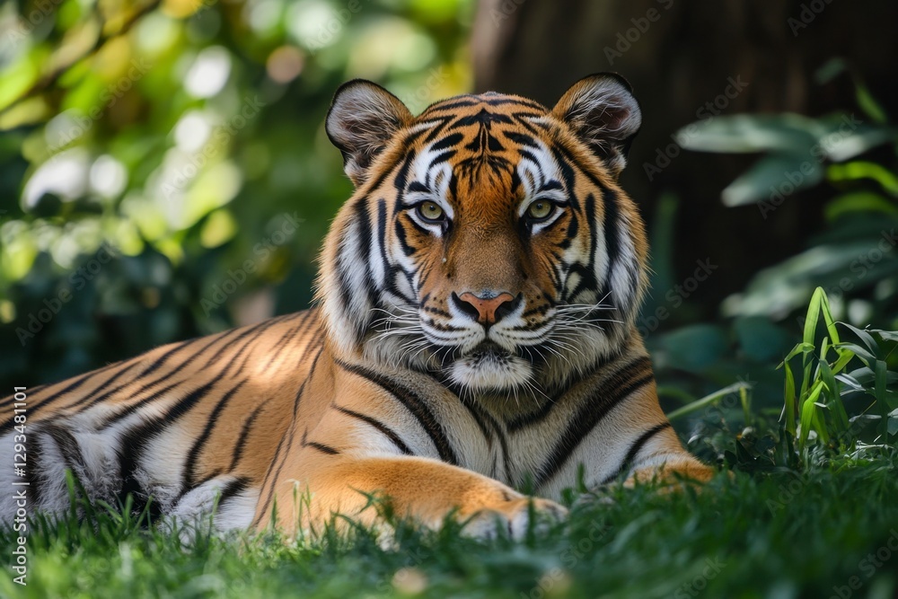 Majestic Bengal Tiger Portrait in Lush Greenery, Captivating Gaze Majestic Bengal Tiger Portrait in Lush Greenery, Captivating Gaze