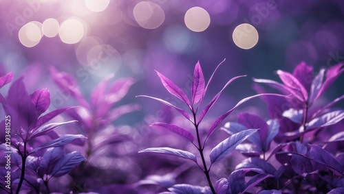 Purple foliage with soft focus and bokeh lights creating an ethereal abstract background ideal for design and wallpaper applications.