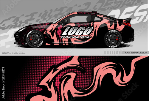 A racing car wrap design with a dynamic black and pink abstract pattern. This design combines modern graphic elements with halftone effects and curved lines, creating a sporty and aggressive look.
