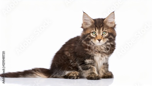 Adorable Black Tabby Kitten in Frontal Pose Amidst Norwegian Forestcats Natural Habitat, Showcasing a Playful and Mystical Ambiance, Highlighting Soft Fur Textures and Warm Eyes.