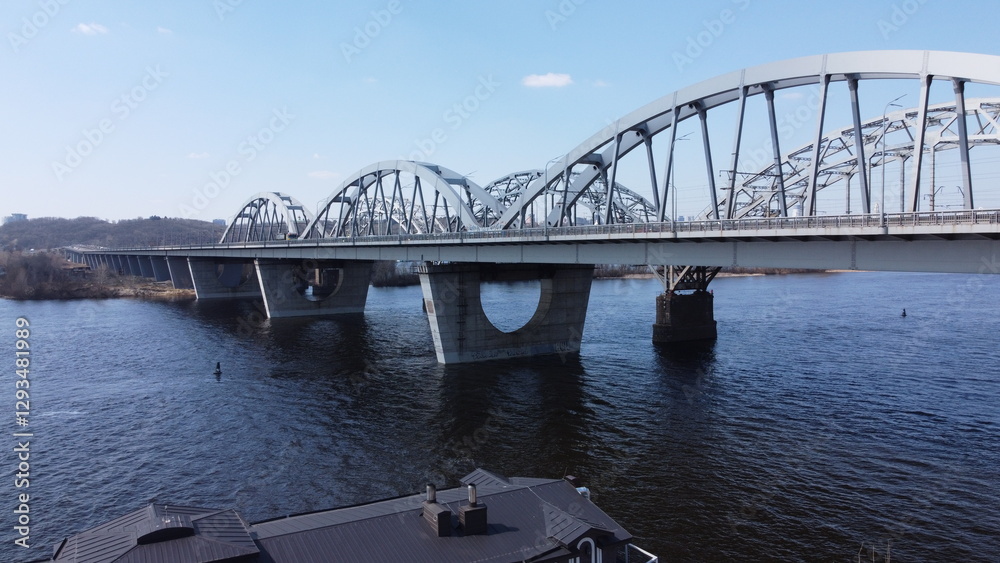 Naklejka premium Aerial View of Kyiv, Ukraine – Urban Landscape with Dnipro River and Bridges