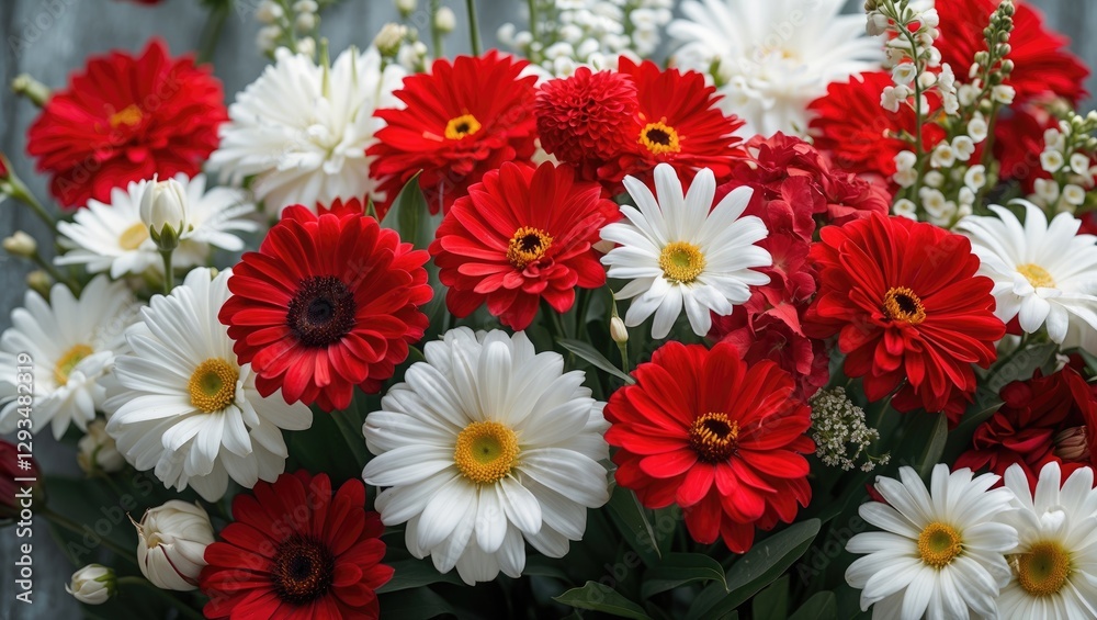 Fototapeta premium Vibrant bouquet of red and white flowers featuring daisies and gerberas for a colorful floral arrangement.