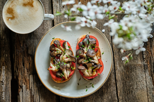 toast with cheese, tomatoes and oyster mushrooms.