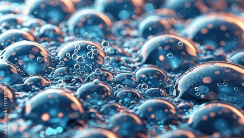 Blue water bubbles surface background with reflections and varying sizes creating a mesmerizing and tranquil aquatic effect.