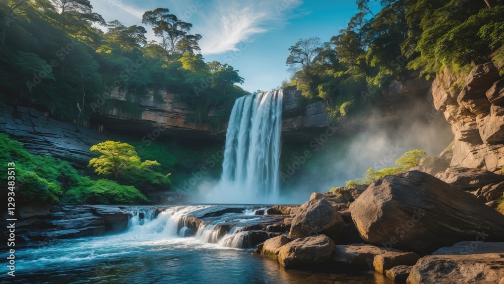 Obraz premium Majestic Rainbow Falls Cascading Over Cliffs Surrounded by Lush Greenery and Rock Formations Under a Clear Blue Sky