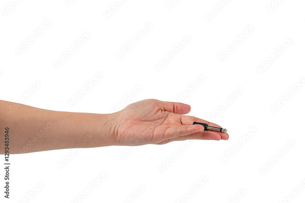 Hand and black audio cable aux isolated on transparent background Hand and black audio cable aux isolated on transparent background