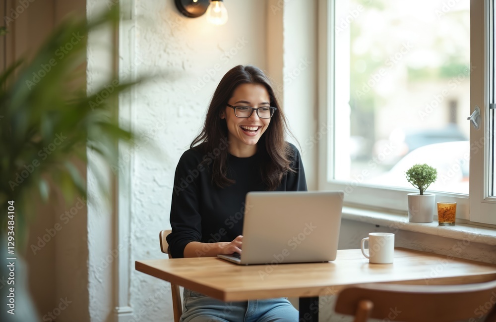 Young woman smiles, works with laptop at wooden desk in cafe. Happy girl wearing glasses uses portable computer for cyberspace freelance work and browsing online. Young woman smiles, works with laptop at wooden desk in cafe. Happy girl wearing glasses uses portable computer for cyberspace freelance work and browsing online.