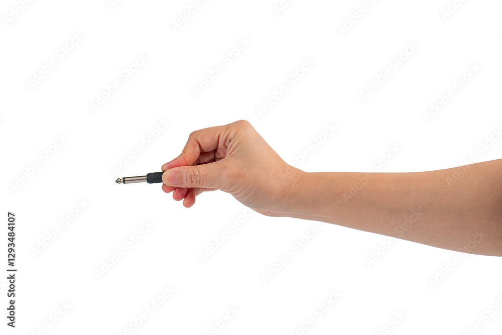 Hand and black audio cable aux isolated on transparent background Hand and black audio cable aux isolated on transparent background
