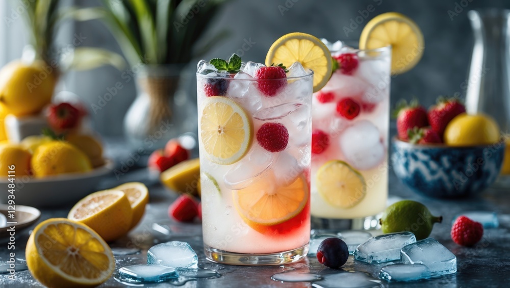 Refreshing Lemonade with Colorful Fruits and Ice Cubes in a Bright Setting Refreshing Lemonade with Colorful Fruits and Ice Cubes in a Bright Setting