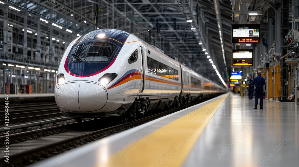 High-Speed Train at Modern Station Platform Showcasing Innovative Design and Cutting-Edge Technology in Transportation High-Speed Train at Modern Station Platform Showcasing Innovative Design and Cutting-Edge Technology in Transportation