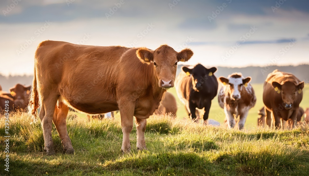 CloseUp of Jersey Cattle Grazing in a Meadow Amidst Agricultural Landscape at Dusk Warm Pastures under Soft Light, Invoking Peace and Serenity CloseUp of Jersey Cattle Grazing in a Meadow Amidst Agricultural Landscape at Dusk Warm Pastures under Soft Light, Invoking Peace and Serenity