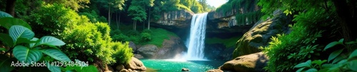 Lush foliage surrounds the upper waterfall of Juan Diego Falls in El Yungle National Forest, jungle, forest