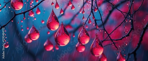 Vibrant raindrops clinging to branches creating a mesmerizing display of nature's beauty in a colorful and dreamy setting