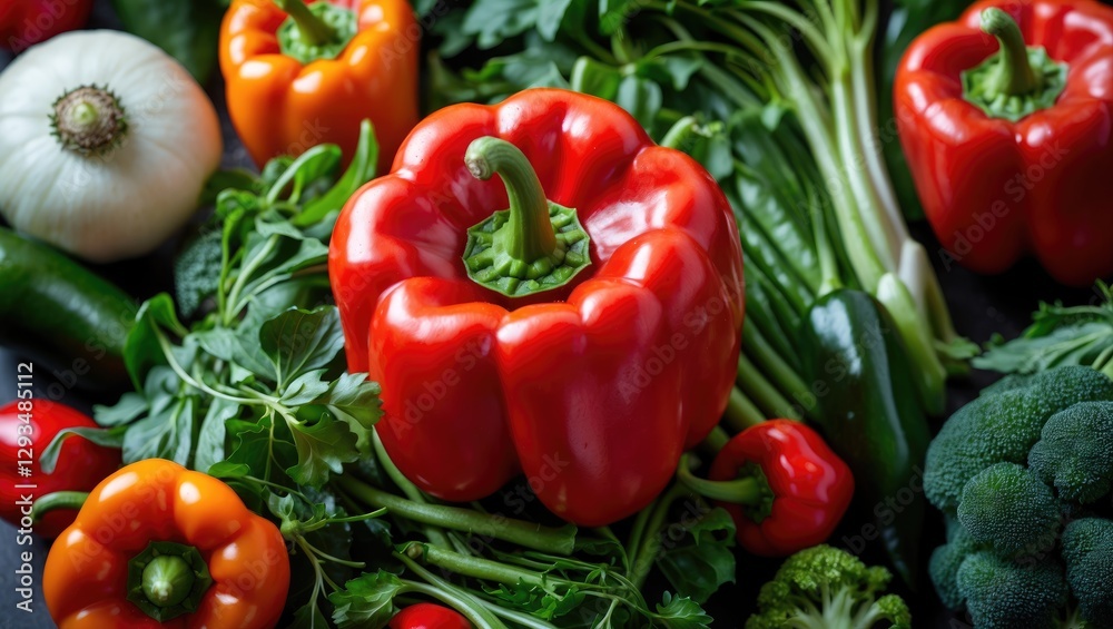 Vibrant red bell pepper surrounded by fresh green vegetables on a dark background showcasing healthy eating and organic produce. Vibrant red bell pepper surrounded by fresh green vegetables on a dark background showcasing healthy eating and organic produce.