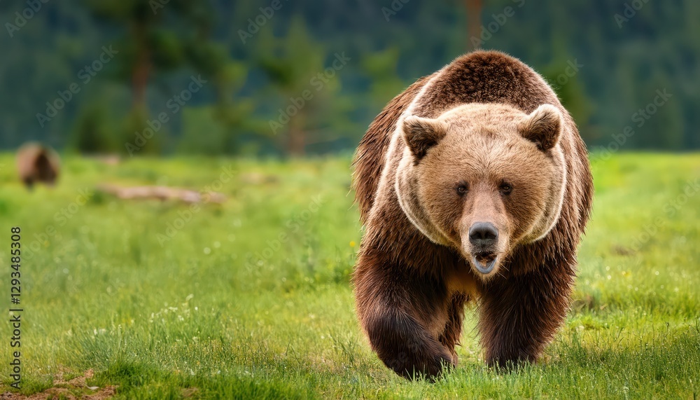 Fototapeta premium Majestic Brown Bear Ursus Arctos Approaching on Verdant Grassland in Summer Twilight, Displaying a Powerful and AweInspiring Sense of Wilderness