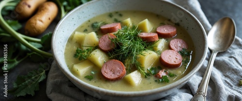 Hearty Potato Kohlrabi Soup with Slices of Bockwurst Garnished with Fresh Herbs in a Rustic Bowl on a Textured Linen Surface