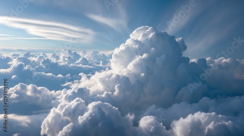 Dramatic aerial view of fluffy white cumulus clouds showcasing dense formations contrasting with wispy mist in a serene blue sky.