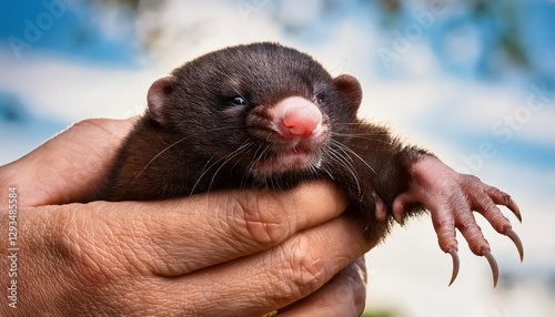 Close Encounter with a SharpClawed, Agile Mole in Hand A Vivid Portrayal of Natures Hidden Creatures, Featuring Detailed Texture and Intense Emotion, Perfect for Wildlife Art or Graphic Design photo