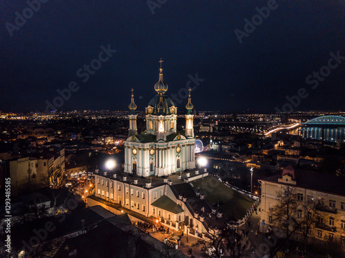 Aerial View of Kyiv at Night – New Year's Eve 2021, St. Sophia Cathedral and Andriyivskyy Church, Ukraine