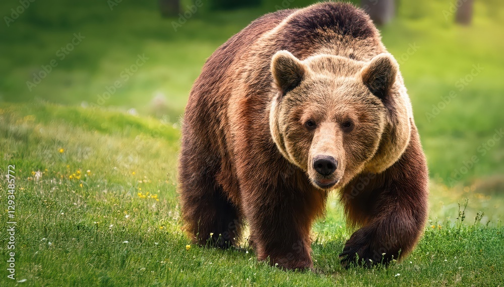Majestic Brown Bear Approaching on Verdant Grasslands Intense Encounter with a Powerful Predator in the Summer Wilderness, Capturing the Beauty and Danger of Nature Majestic Brown Bear Approaching on Verdant Grasslands Intense Encounter with a Powerful Predator in the Summer Wilderness, Capturing the Beauty and Danger of Nature