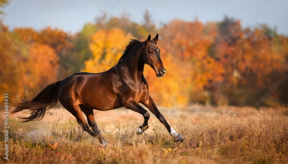 Autumn Mare Gallops through Vibrant Forest Backdrop, Capturing Elegance and Energy in Warm Earthy Hues Autumn Mare Gallops through Vibrant Forest Backdrop, Capturing Elegance and Energy in Warm Earthy Hues