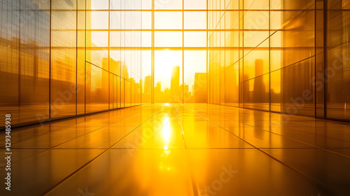 Golden sunlight illuminating a futuristic finance hub urban cityscape photography early evening wide viewpoint