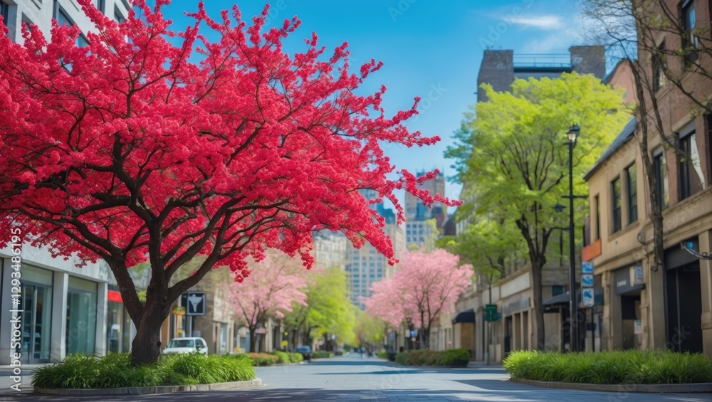 Naklejka premium Vibrant Cherry Blossom Trees Along a City Street Surrounded by Modern and Historic Architecture on a Sunny Day
