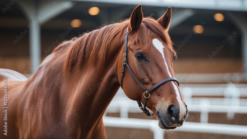 Fototapeta premium Elegant Brown Horse Portrait in Equestrian Arena Showcasing Majestic Features and Serene Atmosphere for Equine Enthusiasts and Advertisements.