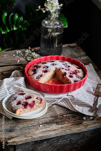 Cherry and banana pie with powdered sugar. blossoming tree branches