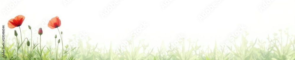 Obraz premium Single red poppy isolated on a white background with subtle texture, greenery, colorful, isolated