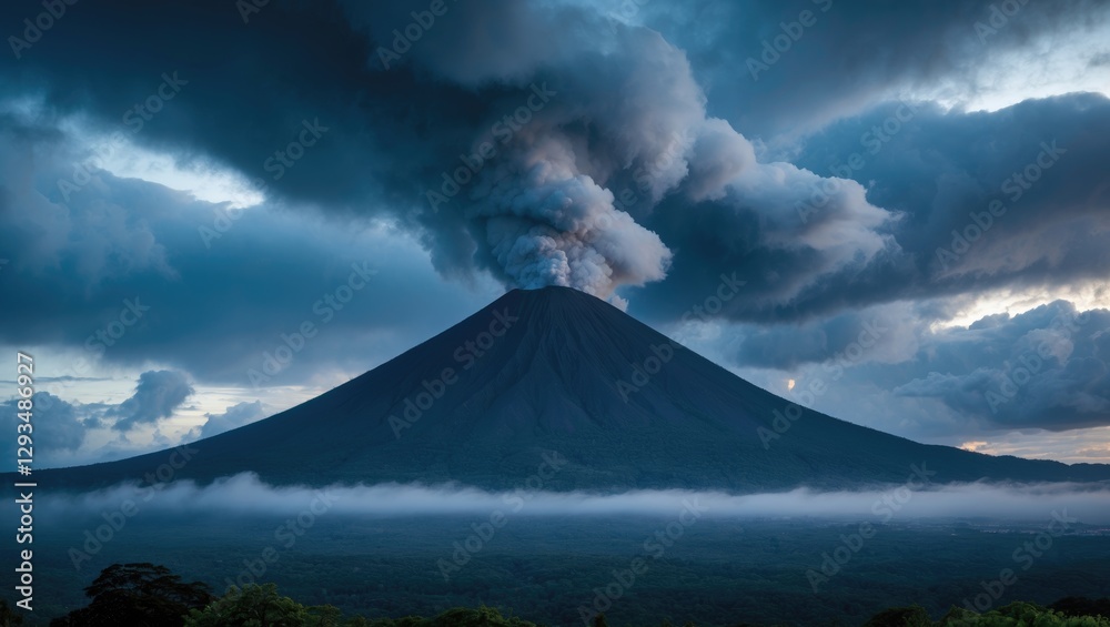 Obraz premium Majestic Volcano Erupting Under Dramatic Dark Clouds with Smoke and Ash During Twilight in a Lush Green Landscape