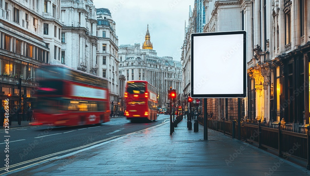 Obraz premium Blank Billboard on a Rainy London Street with Blurred Buses