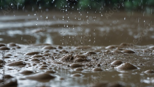 Raindrops Falling on Muddy Water Surface Creating Ripples and Bubbles in Nature